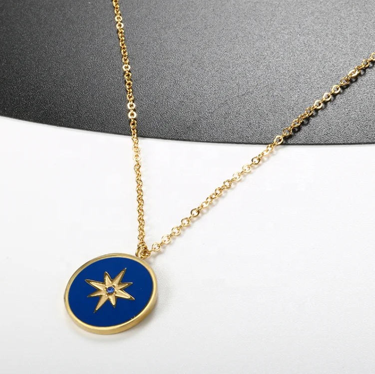 

Trendy L.A. Girl Compass Pendant Necklace Women Men Gold Plated Chain Choker Coin Blue Enamel North Star Necklace Jewelry, Gold/silver/rose gold