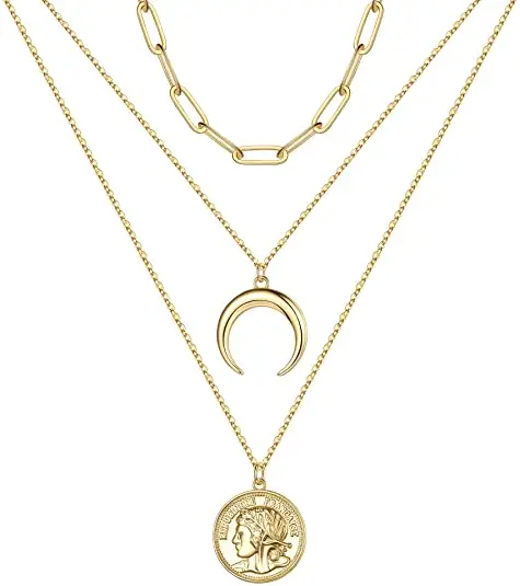 

Handmade Layered Necklace Moon Coin Disc Necklace for Women