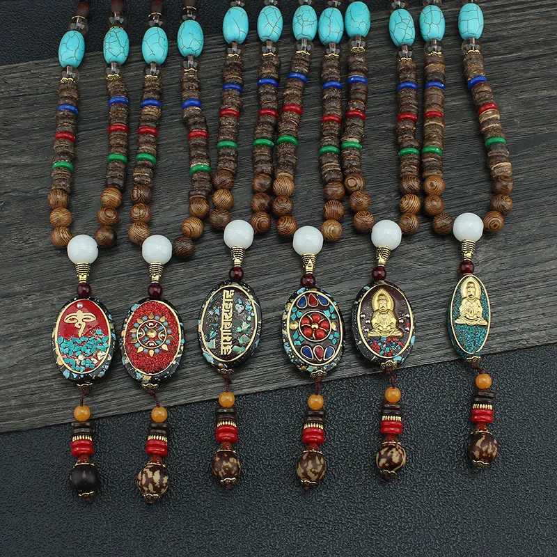 

Handmade Nepal Necklace Buddhist Mala Wood Beads Pendant & Necklace Ethnic Geometric Long Strand Statement Jewelry for Women Men