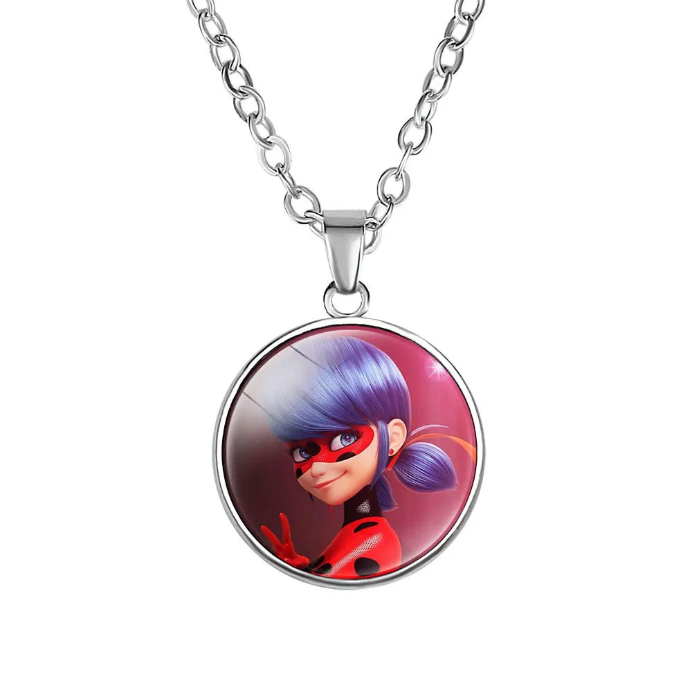 

Cute Red and Black Ladybug Silver Necklace Cartoon Image Good Luck Miraculous Ladybug Pendant Necklace for Girls Women, Silver,red,black,green