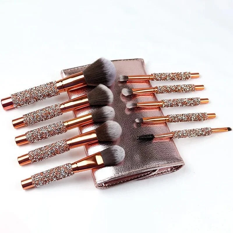 Hot Sale 10pcs Crystal Handle Makeup Brush Kit with PU Pouch Custom Logo for Concealer Application on Face