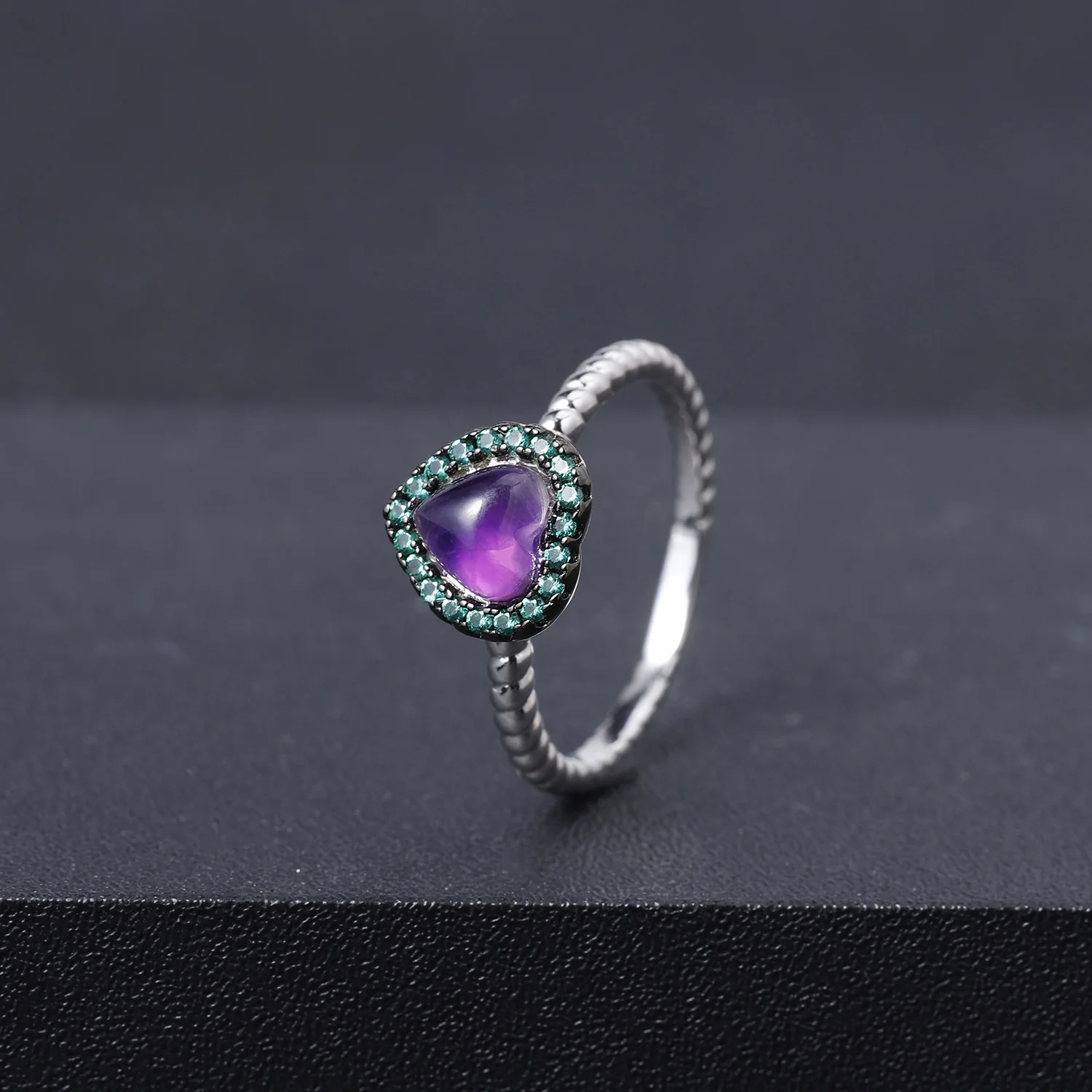 

Abiding 0.78Ct Heart Ring Nano Emerald Green Fashion Jewelry Natural Amethyst Stone Twist 925 Sterling Silver Ring For Wedding, Purple