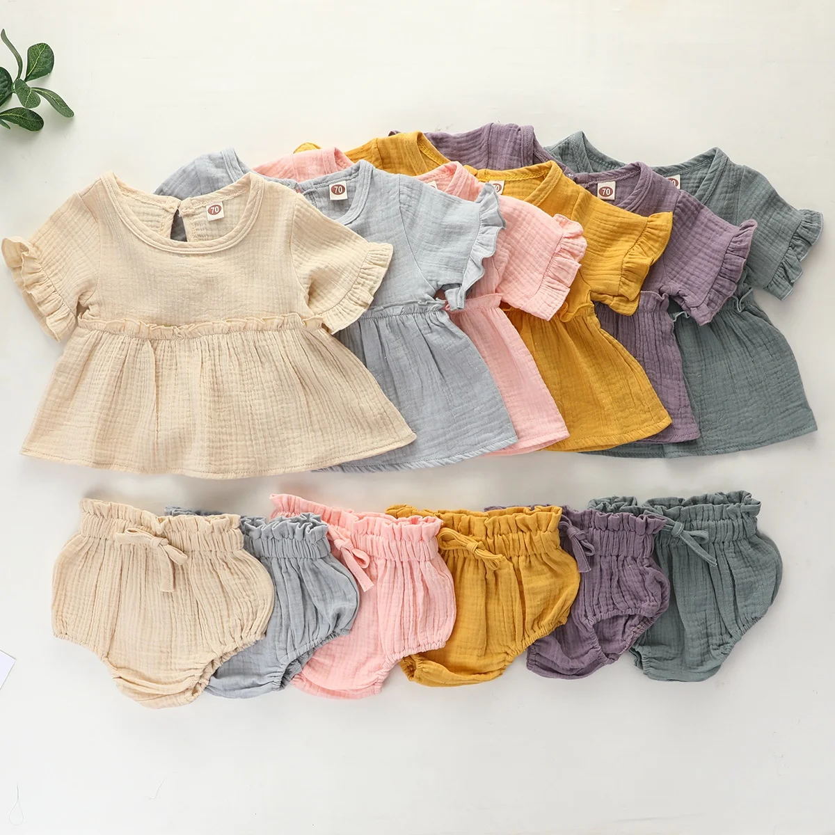 

0-24M Newborn Infant Baby Girls Solid Cotton Linen Clothes Sets Ruffles Short Sleeve Tops Dress + PP Shorts 2pcs, As picture