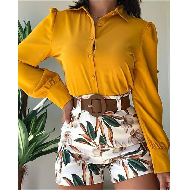 

Custom Tracksuit Casual Suit Solid Color Long Sleeve Lapel Shirt Printed Shorts 2 Piece Set Women Plus Size Two Piece Pants Set, Customized color