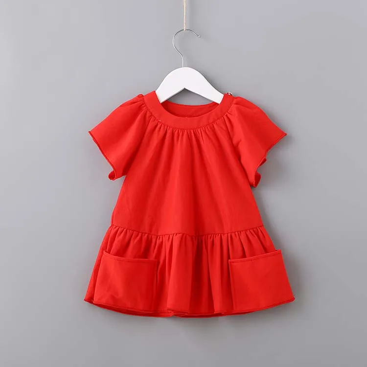 

wholesale boutique baby clothes solid red cotton shortsleeve girls dress with pockets 0-4 years cute summer dresses