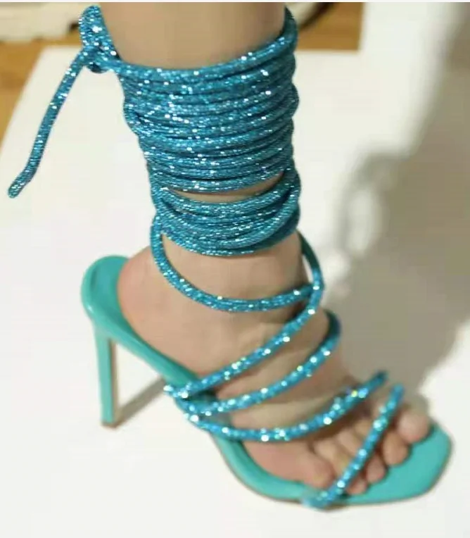 

Summer sexy bling bling sandals 2021 designer lace-up women's shoes fashionable diamond party high heels, Green