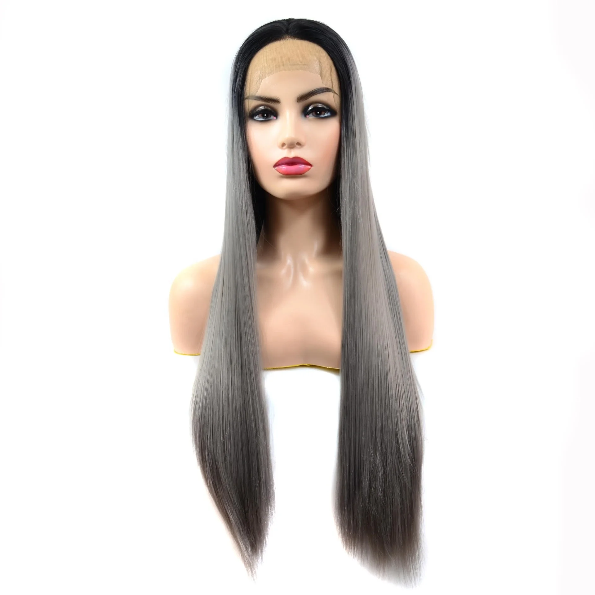 

High Temperature fiber ombre black to grey long straight hair wigs