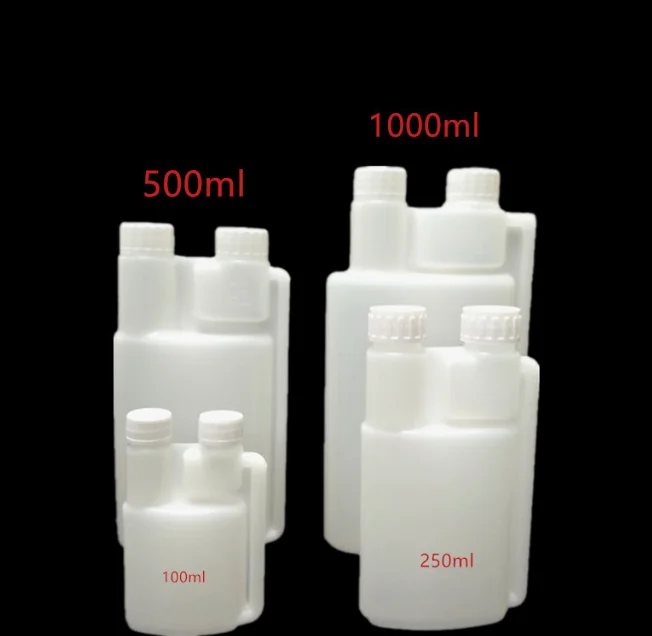 

1000ml 500ml 250ml 100ml Hdpe Dosing Measuring Twin Double Neck Plastic Dual Chamber Bottle