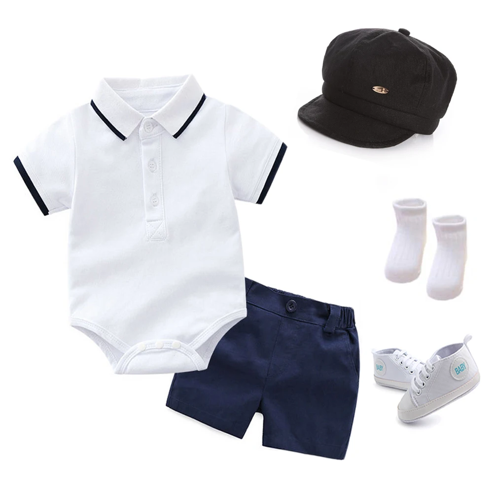 

Cotton Summer Romper Jumpsuit + Hat + Shoes + Shorts Outfits Clothes Newborn Baby Boy Set, White,dark blue,pink