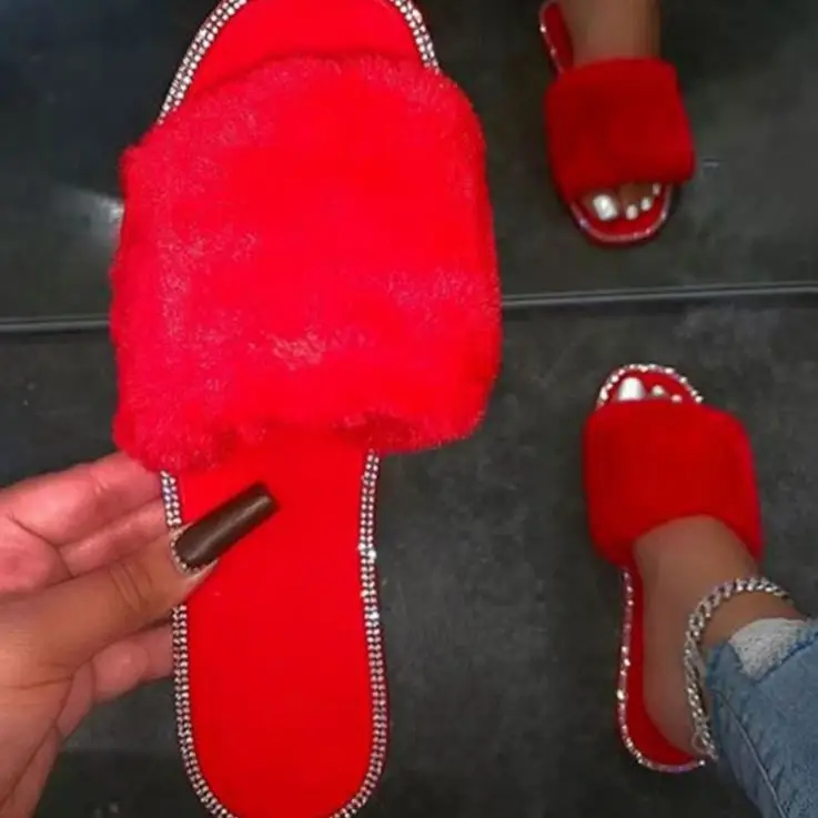 

TINA Fashion 2021 Solid Color Diamonds Rhinestone Fluffy Slippers Women's Slippers, Red,black,light blue,apricot
