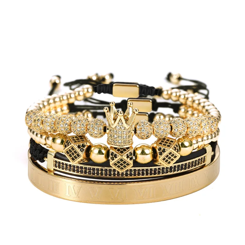

4Pcs/Set Luxury CZ Crown Bracelet Set Stainless Steel Roman Numbers Engraved Bangle Braided Macrame Bracelet, Gold color