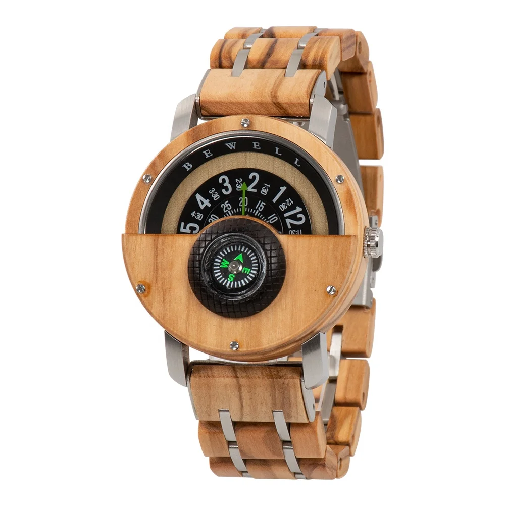 

Luxury Wood with Steel Band Compass Case Stainless Steel Case Back Wood Watch, Picture