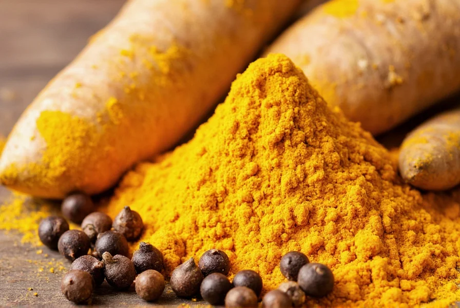 Close-up of turmeric root and powder with black pepper