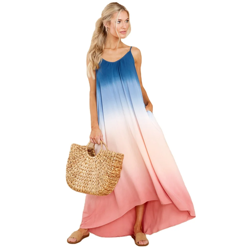 

Summer ladies casual clothes gradient halter boho maxi dress, As shown
