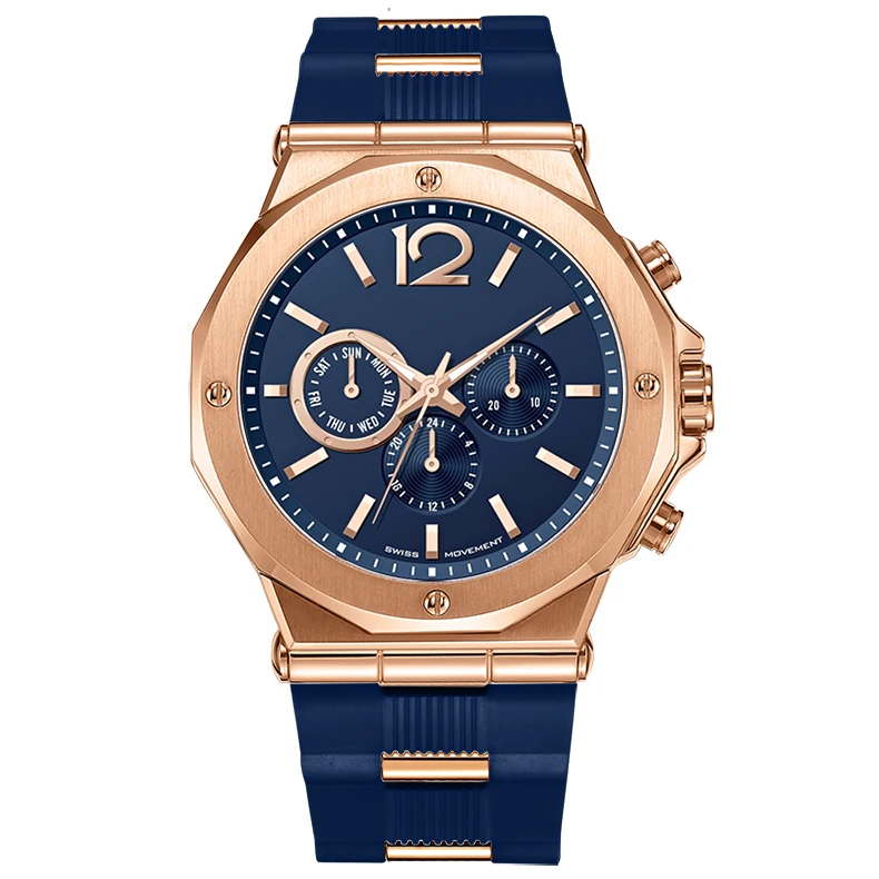 

Blue Dial and Rose Gold Stainless Steel Case Watches Men Wrist OEM Luxury Brand Multifunction Watch, Customized colors accepted