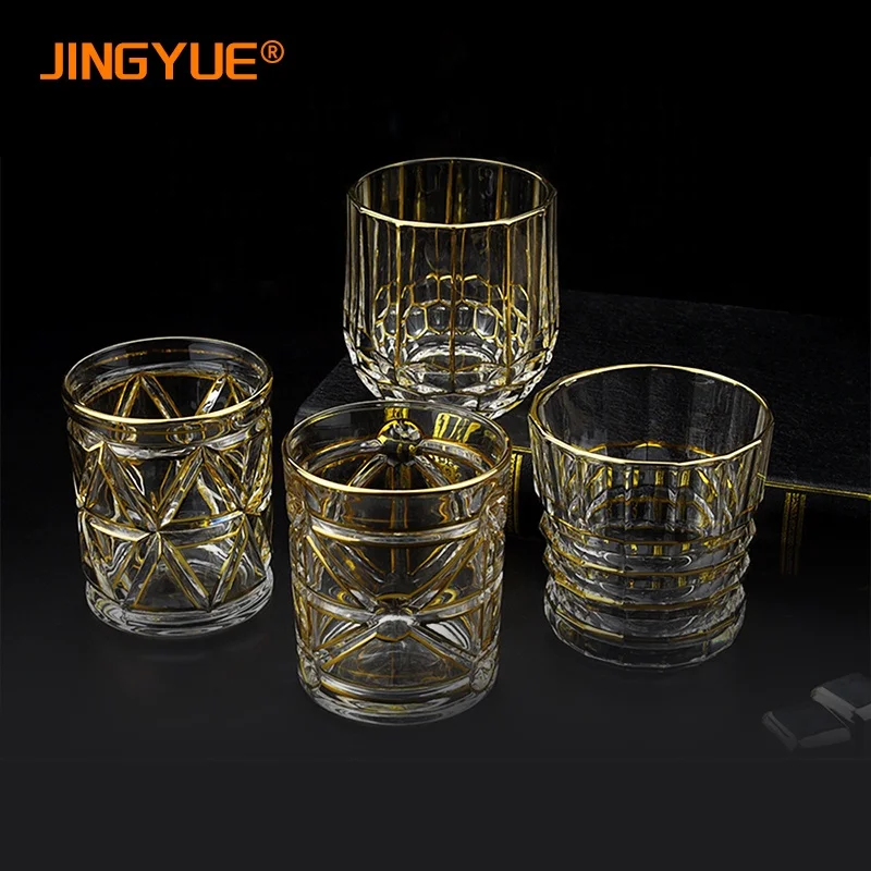 

Jingyue Golden Rim Old Fashioned Whiskey Glasses For Bourbon Liquor and Cocktail Drinks