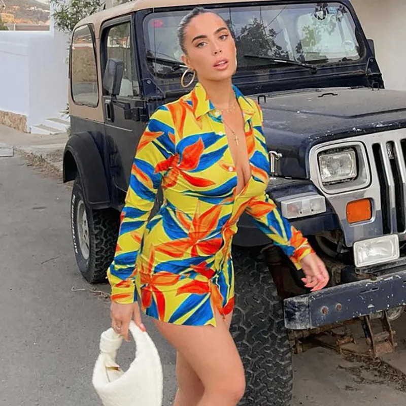 

FS5044A 2021 Autumn Women Button Mini Dress Print Sexy Fashion Night Club Party Streetwear Dress