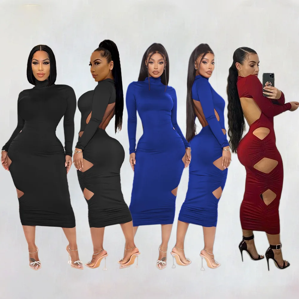 

New Arrival Fall 2021 Women Clothes Elbise Long Sleeve Cut Out Backless Women Autumn Elegant Casual Dresses, As picture