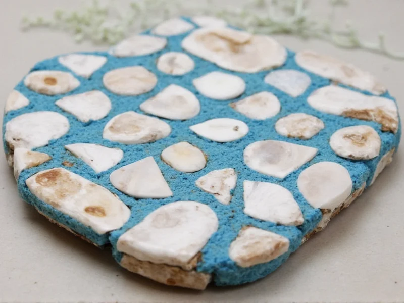 Close-up of oyster shell mosaic coaster with blue grout