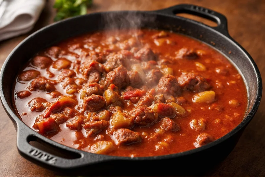Perfectly cooked brisket chili in cast iron pot showing tender meat chunks in rich red broth with visible steam