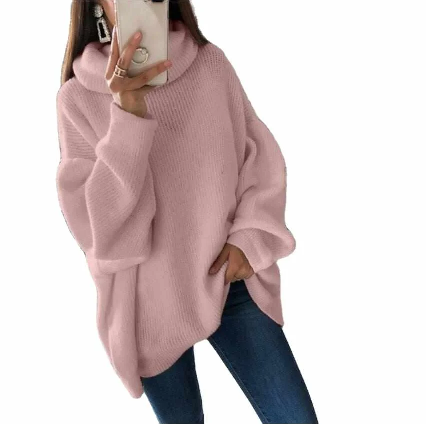 

Casual Loose Lantern Sleeves Turtle Neck Pullover Knitted Sweater Dress For Women