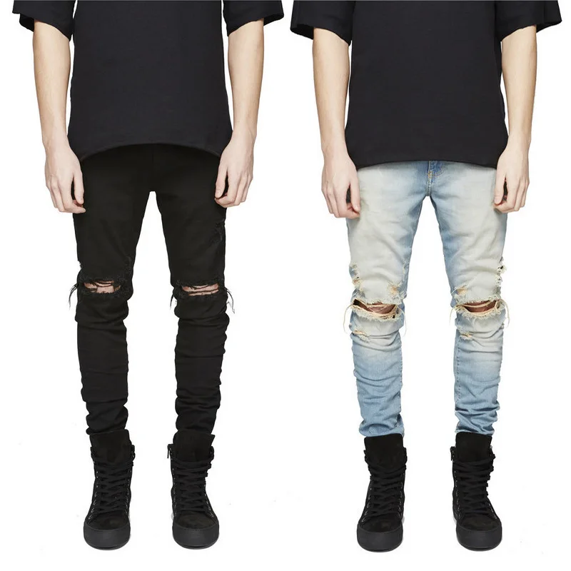 

Factory Cheap Wholesale High Street Strong Stretchy Distressed Knee Ripped Denim Pants Skinny Stacked Fashion Casual Men Jeans