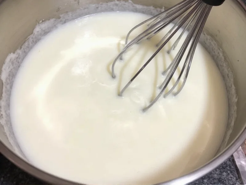 Whipping cream in chilled metal bowl with whisk