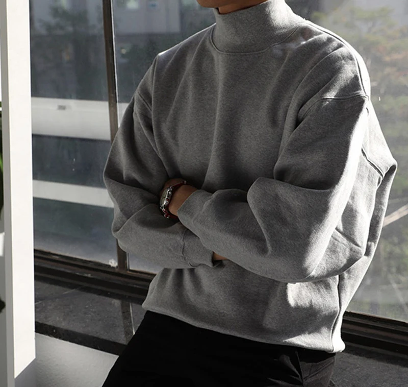 

2021 custom printed sweater men's long-sleeved loose Korean style drop shoulder Trend Plus fleece turtleneck jacket men's pullov
