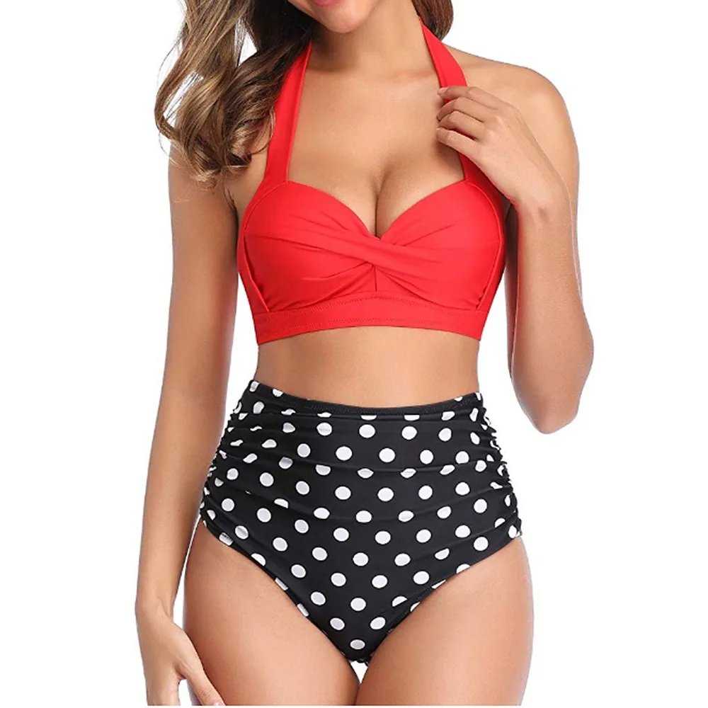 

Hot Sale Summer Swimming Sexy Women Split Triangle Bikini 2 Pieces Set Swimsuits V-Neck High Waist Neck Strap Swimwear, Picture showed
