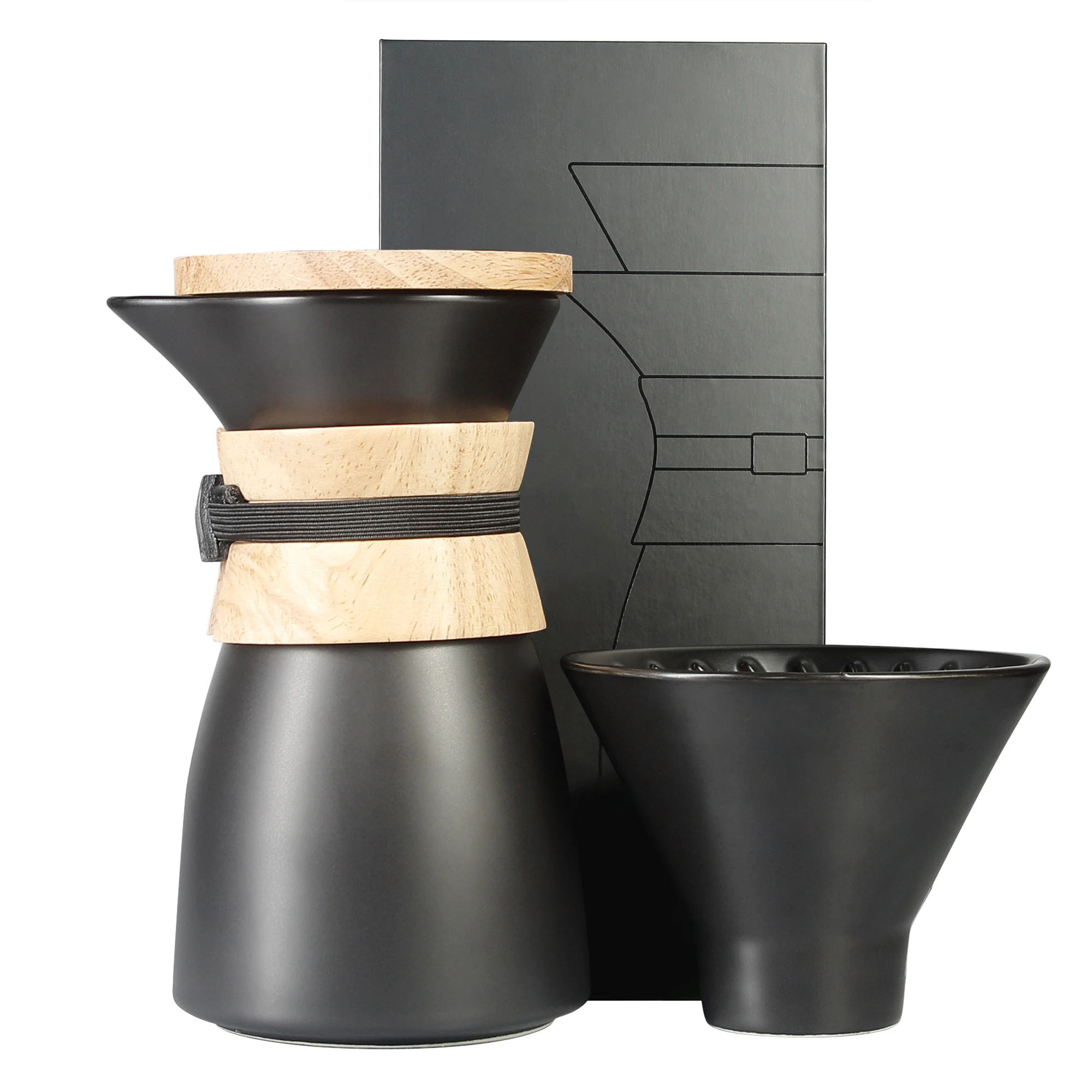 

DHPO Hot-selling Luxury Ceramic Black Pour Over Coffee Maker Porcelain V60 Coffee Dripper With wooden Lid