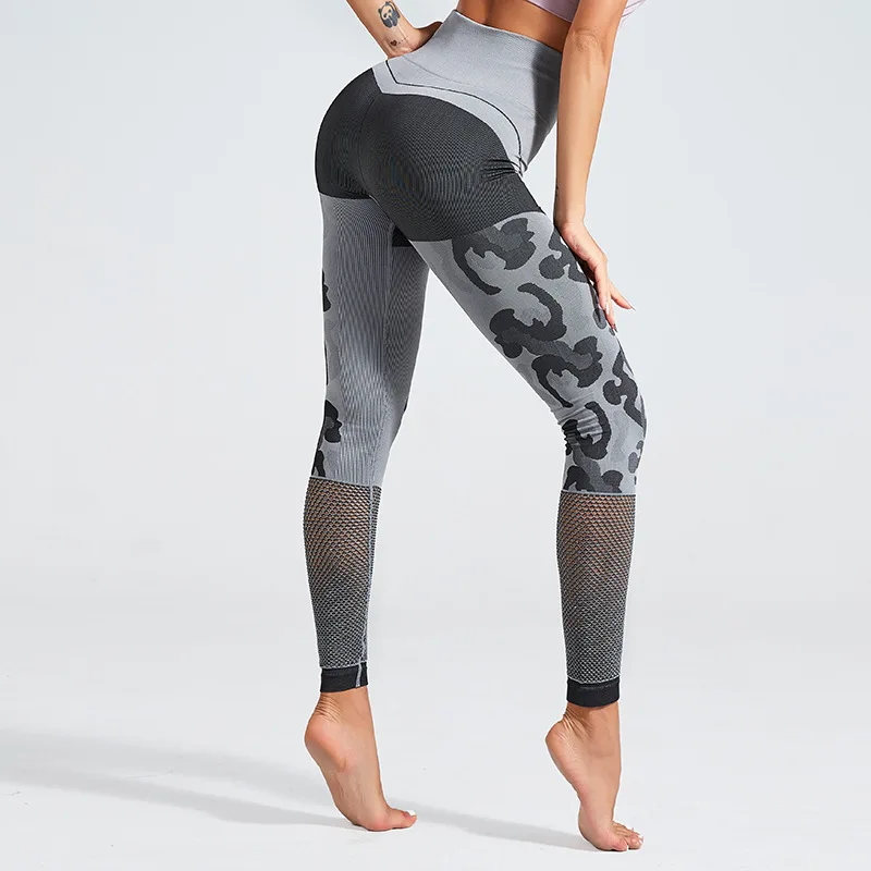 

2022 Fashion Sexy Camouflage Seamless Mesh Yoga Gym Leggings Women Tight Sports High Waist Pants