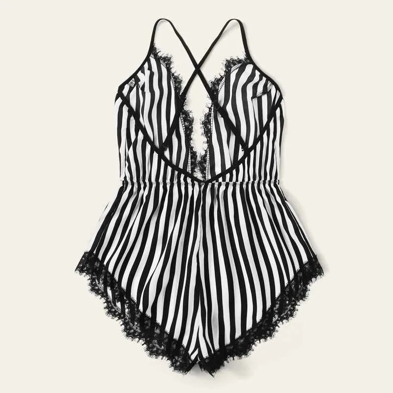 

New arrival cross back sexy jumpsuit stripe lingerie for fat ladies