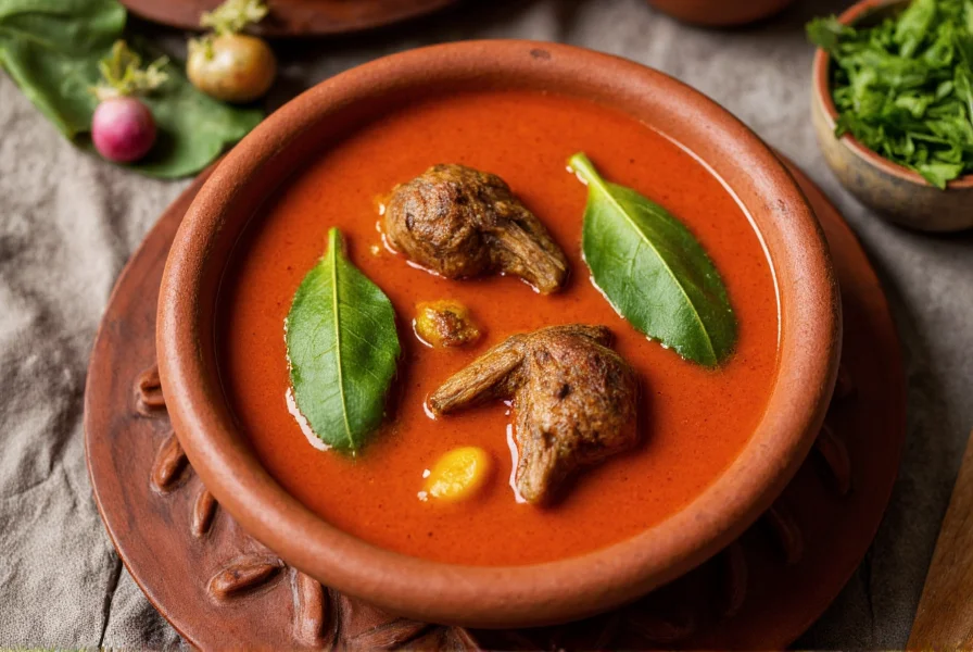 Authentic Nigerian pepper soup served in traditional pottery bowl with goat meat, fresh utazi leaves, and vibrant red broth