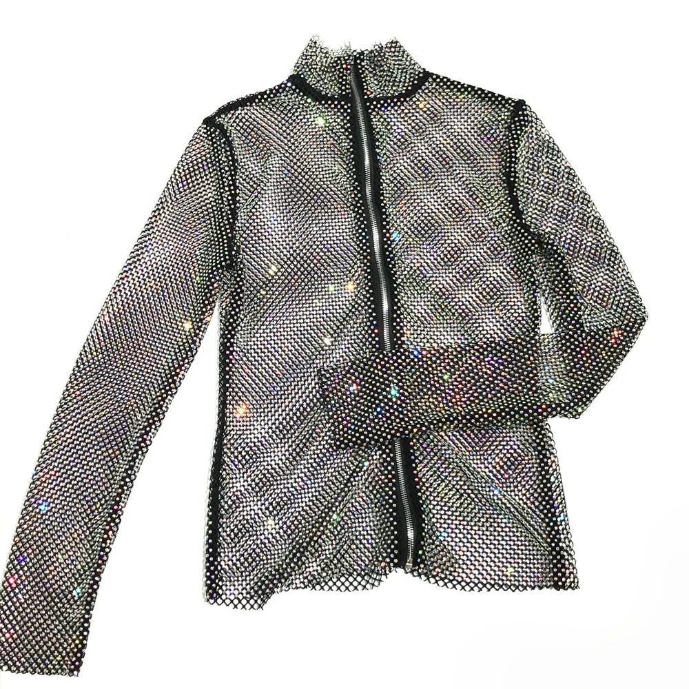 

S277 Sparkly Rhinestone Short Jacket Outfit See Through Crystal Mesh Party Jacket Outfit Cover Up, Black with crystals,white with crystals