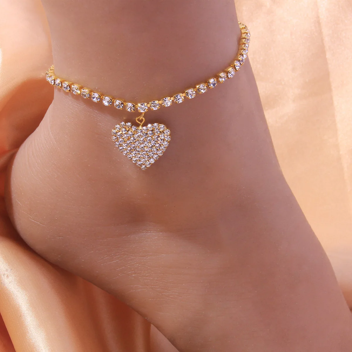 

Barefoot Foot Jewelry Gold Plated Anklet Bracelet Silver Tennis Rhinestone Crystal Love Heart Charm Anklet For Women