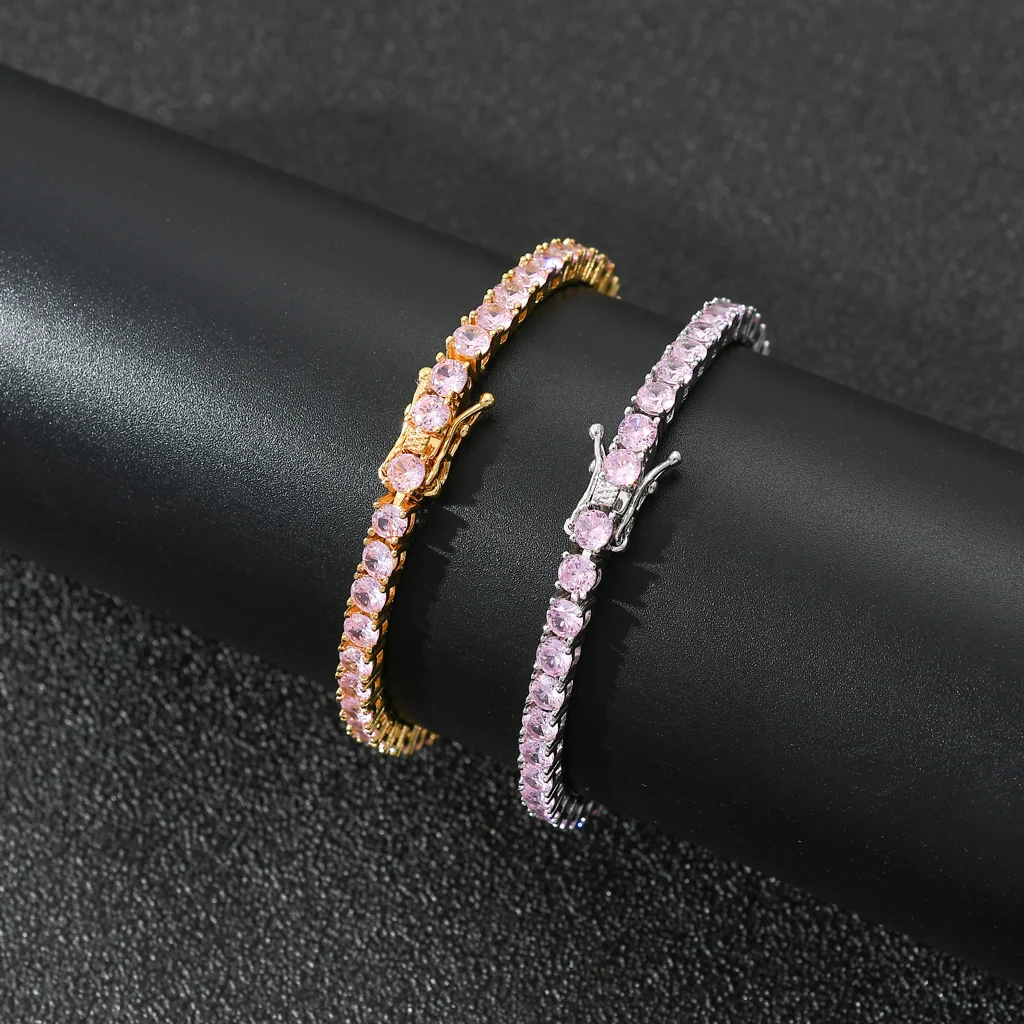 

Fashion 4mm One Row Pink Zircon Crytal Stone Tennis Chain Bracelet 14K Gold Plated Hip Hop Custom Moissanite Tennis Bracelet
