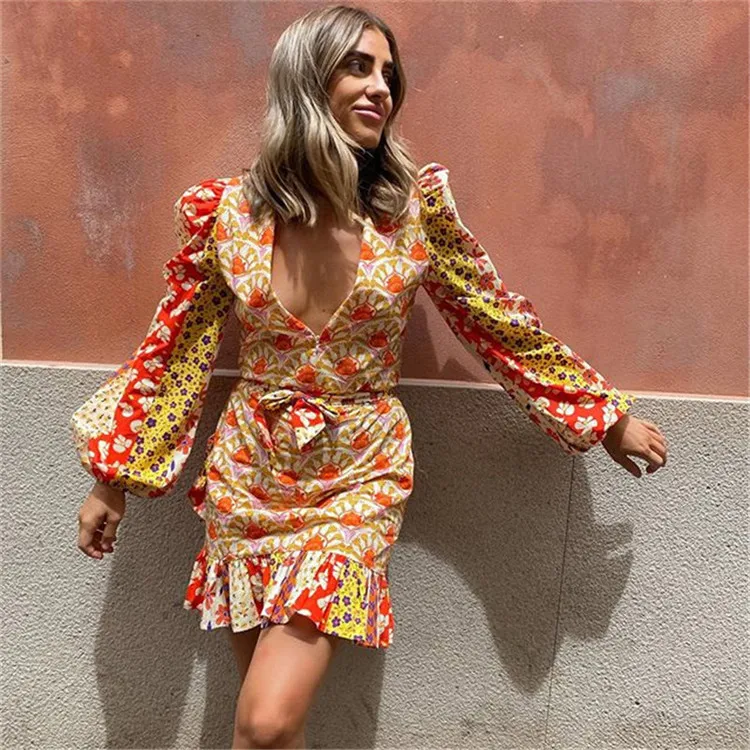

Sexy Autumn Shoulder Pad Bandage Zipper Long Sleeve Printed Dresses Lantern Sleeve Dress Mini Dress Ruffle Vestidos, Red