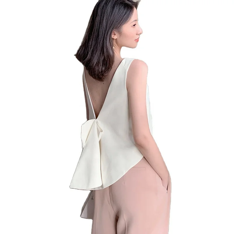 

CHICEVER O Neck Sleeveless Backless Large Size Loose Korean Lace Up Bowknot Female Vests