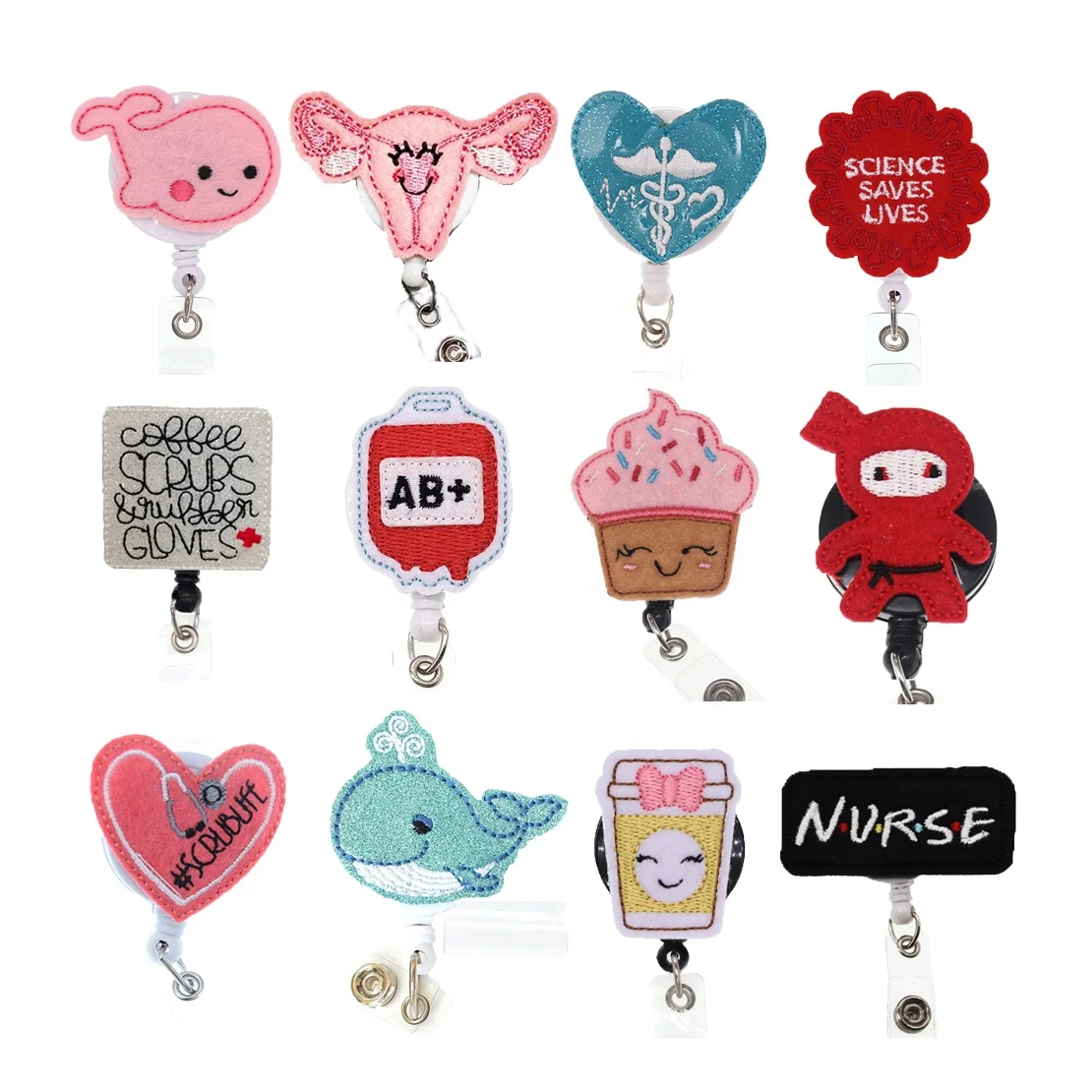 

Mix Style Medical Scrubs Animal Flower Nurse Doctor Felt Retractable Badge Holder Reel Accessories, As picture