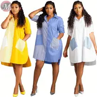 

9080907 queenmoen new style Fashion stripe patchwork front short back long Short Sleeve women casual shirt dress