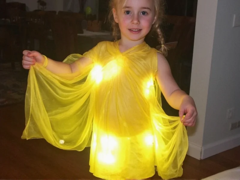 DIY Joy costume with yellow fabric and glowing details