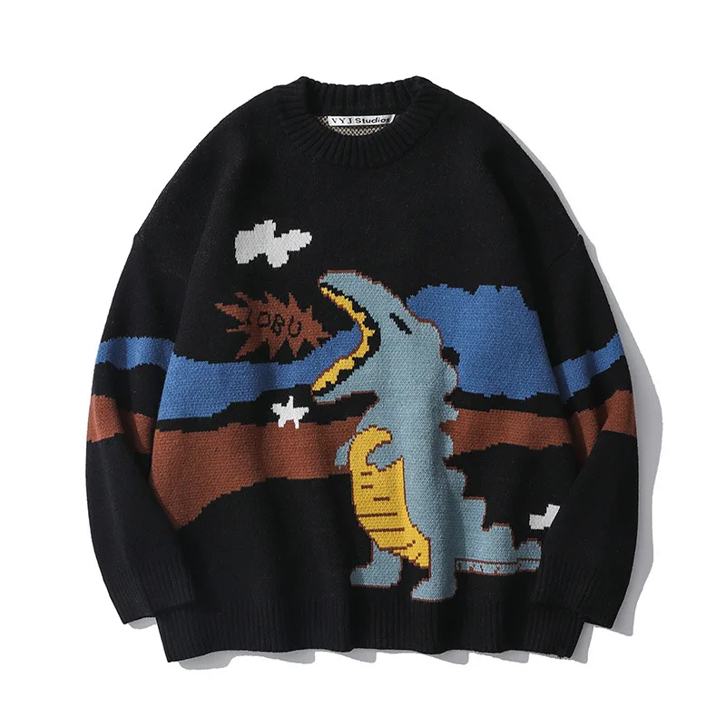 

Cartoon Dinosaur Jacquard T-shirt Men's Europe and America Round Neck Sweater Street Loose Pullover