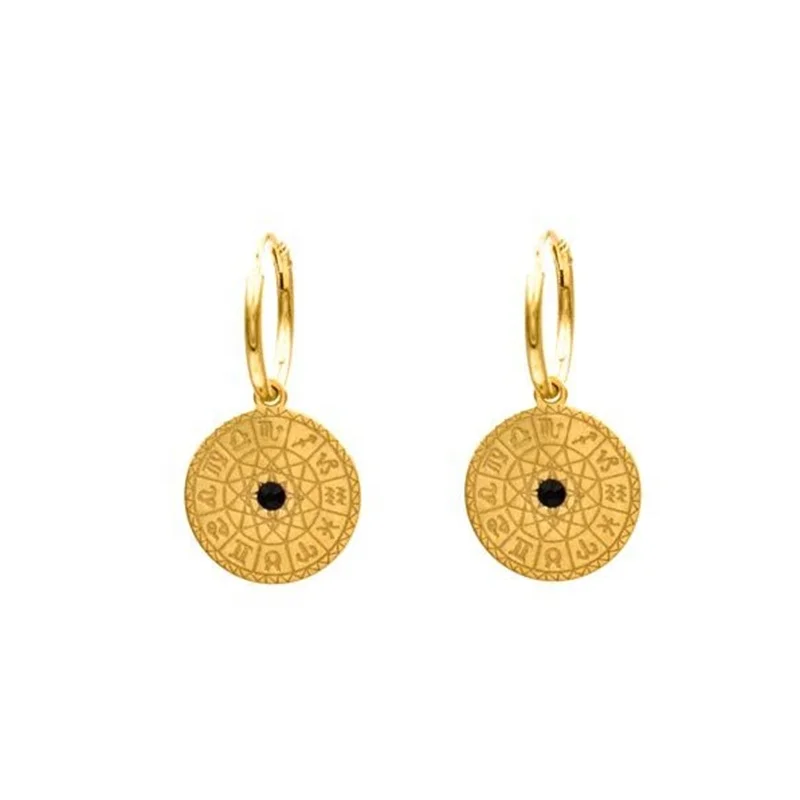 

New Trendy 925 Sterling Silver Earrings Black Cubic Zircon 12 Zodiac Signs Coin Charm Huggie Hoop Earrings For Women, Gold and silver