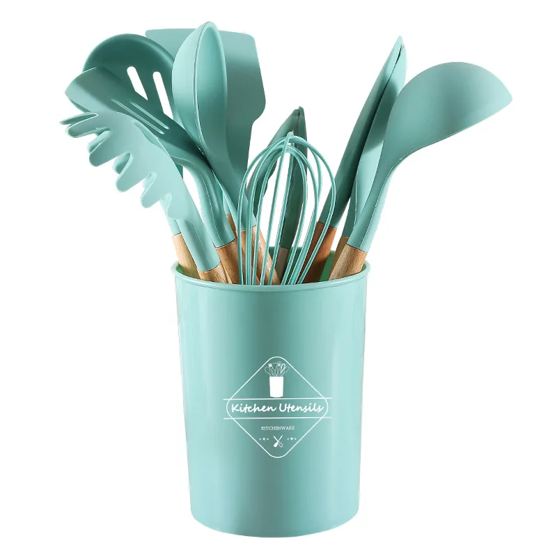 

Non-stick pan storage bucket 11 pieces set of wooden handle silicone kitchen ware, We can do the color as your request