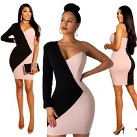 

S3512Sexy fashion patchwork color contrast asymmetrical long sleeve slim sexy bag buttock lady dress