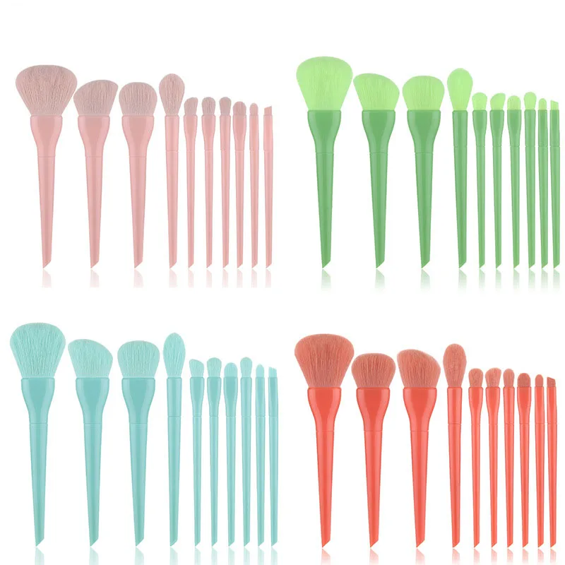 

Wholesale 10 Pcs plastic handle candy color makeup brush set with bag pink red blue green