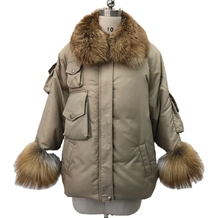 

Custom women 90 goose down filling coat winter white goose down jacket with red fox fur collar, 2 colors