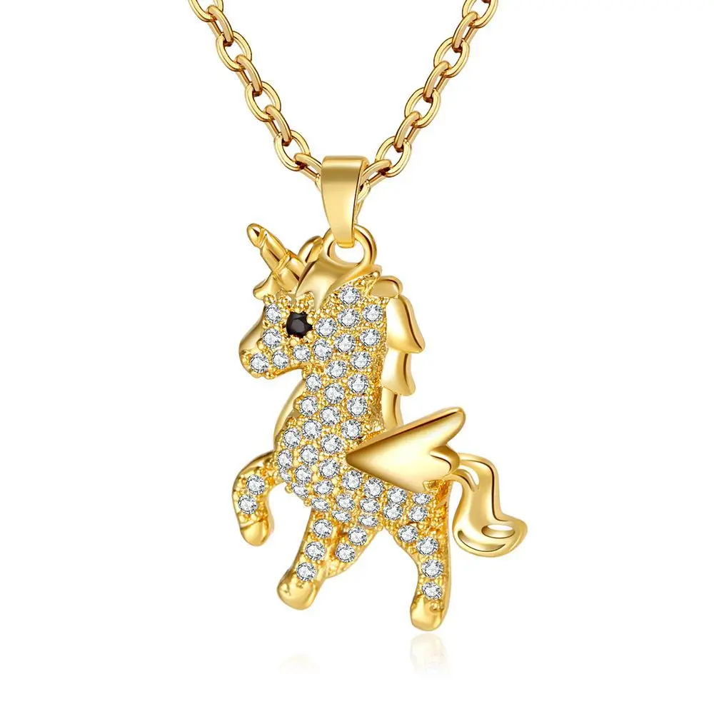 

New Fashion Design Crystal Cute Unicorn Clavicle Chain Animal Pegasus Pendant 18k Gold Gemstone Statement Necklace Pretty Gift