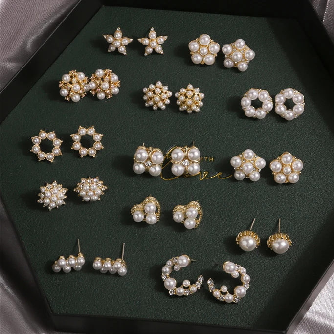 

Barlaycs 2021 Vintage Pearl Earrings Mixed Designs Stud Earrings Set for Women Jewelry