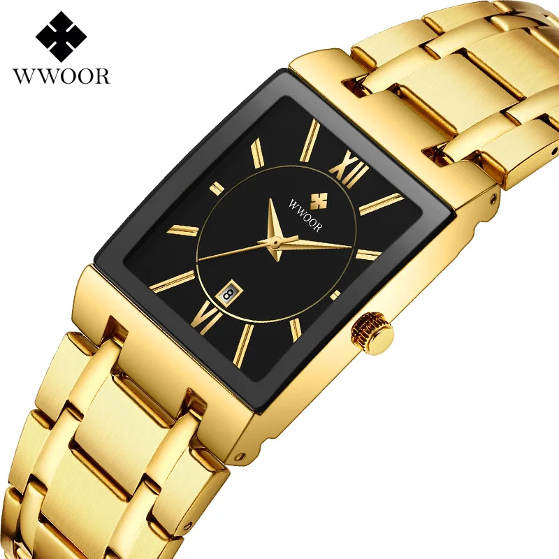 

WWOOR 8858 Golden Rectangle Wrist Men Watches Date Male Clock Luxury Stainless Steel Waterproof Fashion Men Quartz Watch Relojes